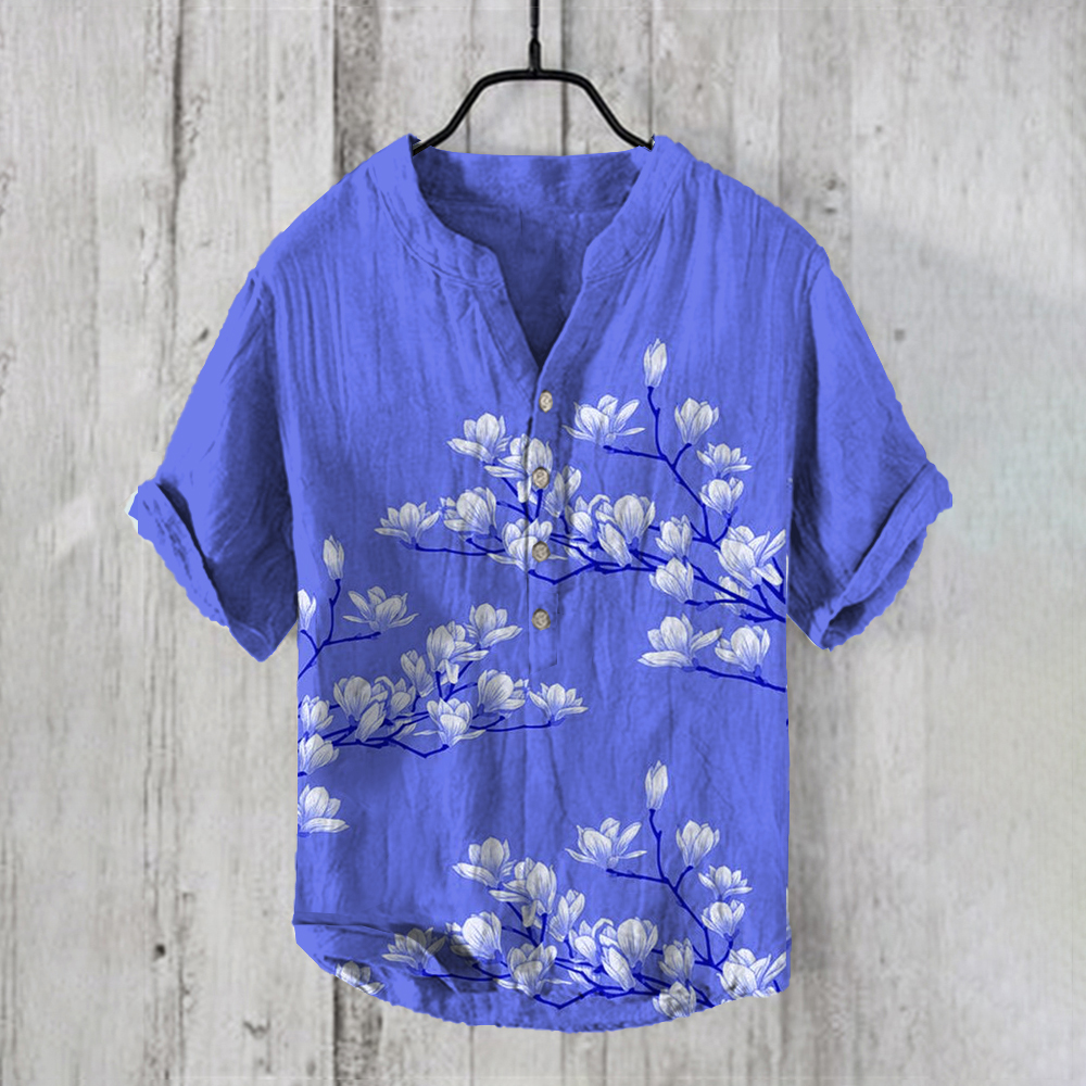 Vintage Japanese Magnolia Flower Casual Linen Blend Shirt - Blue