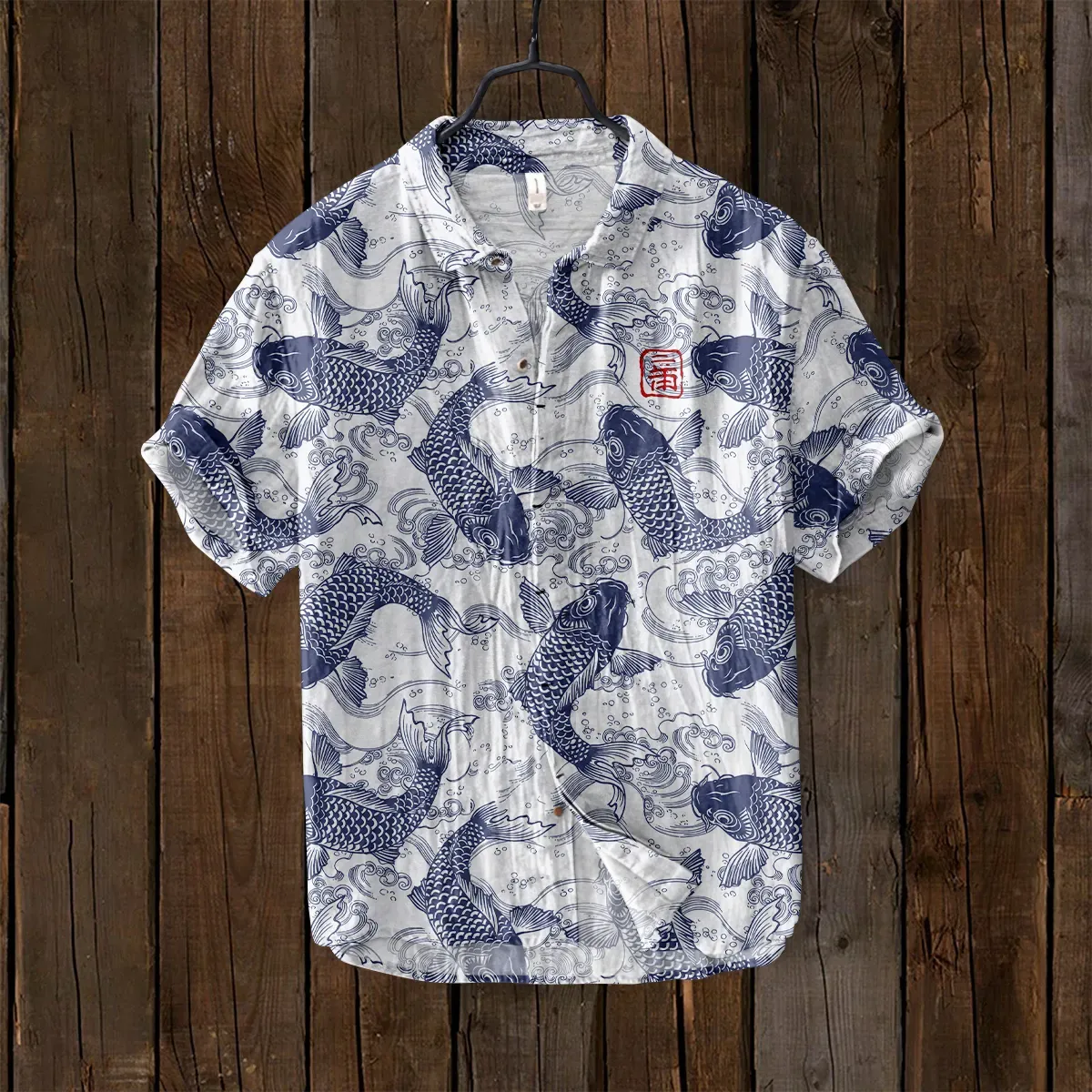 Vintage Fish Japanese Art Linen Blend Comfy Shirt - Red