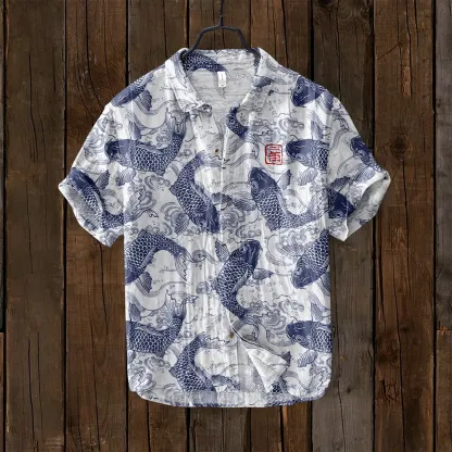 Vintage Fish Japanese Art Linen Blend Comfy Shirt - Red