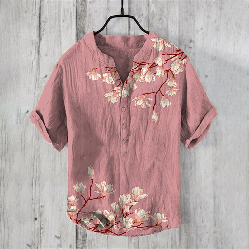 Men's Vintage Japanese Art Magnolia Flower V Neck Casual Linen Blend Shirt - Blue