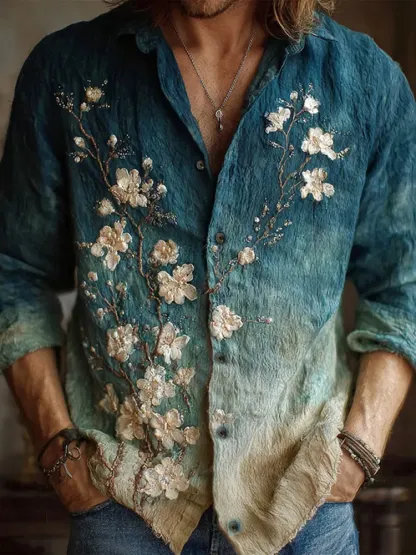 Men's Apricot Blossom Embroidery Oil Painting Art Linen Shirt - Blue