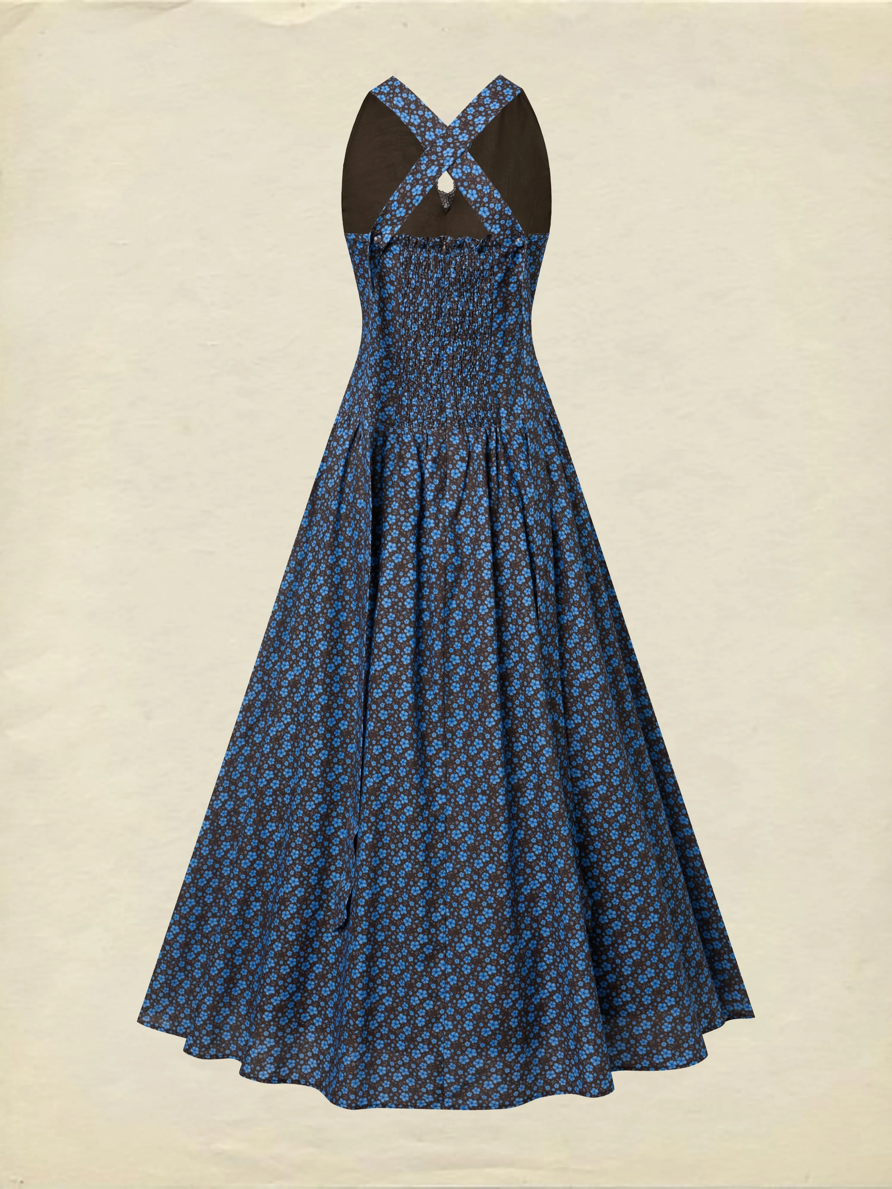 Maxi Cotton Dress, Sleeveless, V Neck, Floral, Lace, Vintage, Blue - Blue