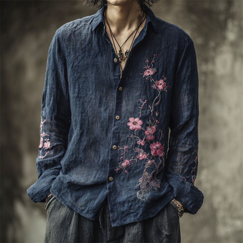 Vintage Japanese Sakura Embroidery Men's Linen Long Sleeve Shirt - Navy blue