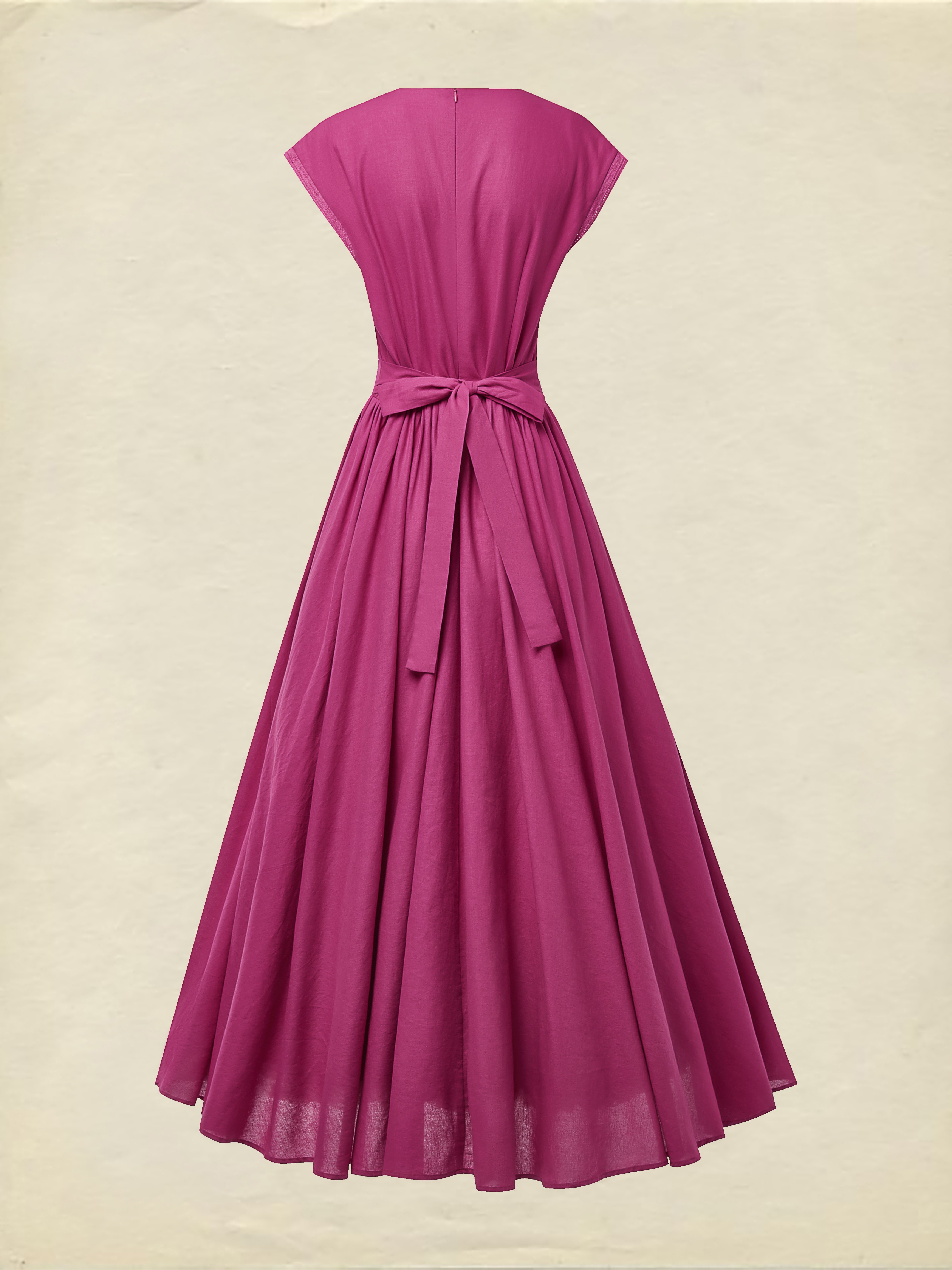 Maxi Linen Dress , Cap Sleeves, V Neck, Plain, Lace, Vintage, Rose Red - Rose Red