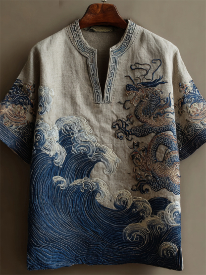 Japanese Sea Waves & Dragon Embroidered Linen Shirt - Grey