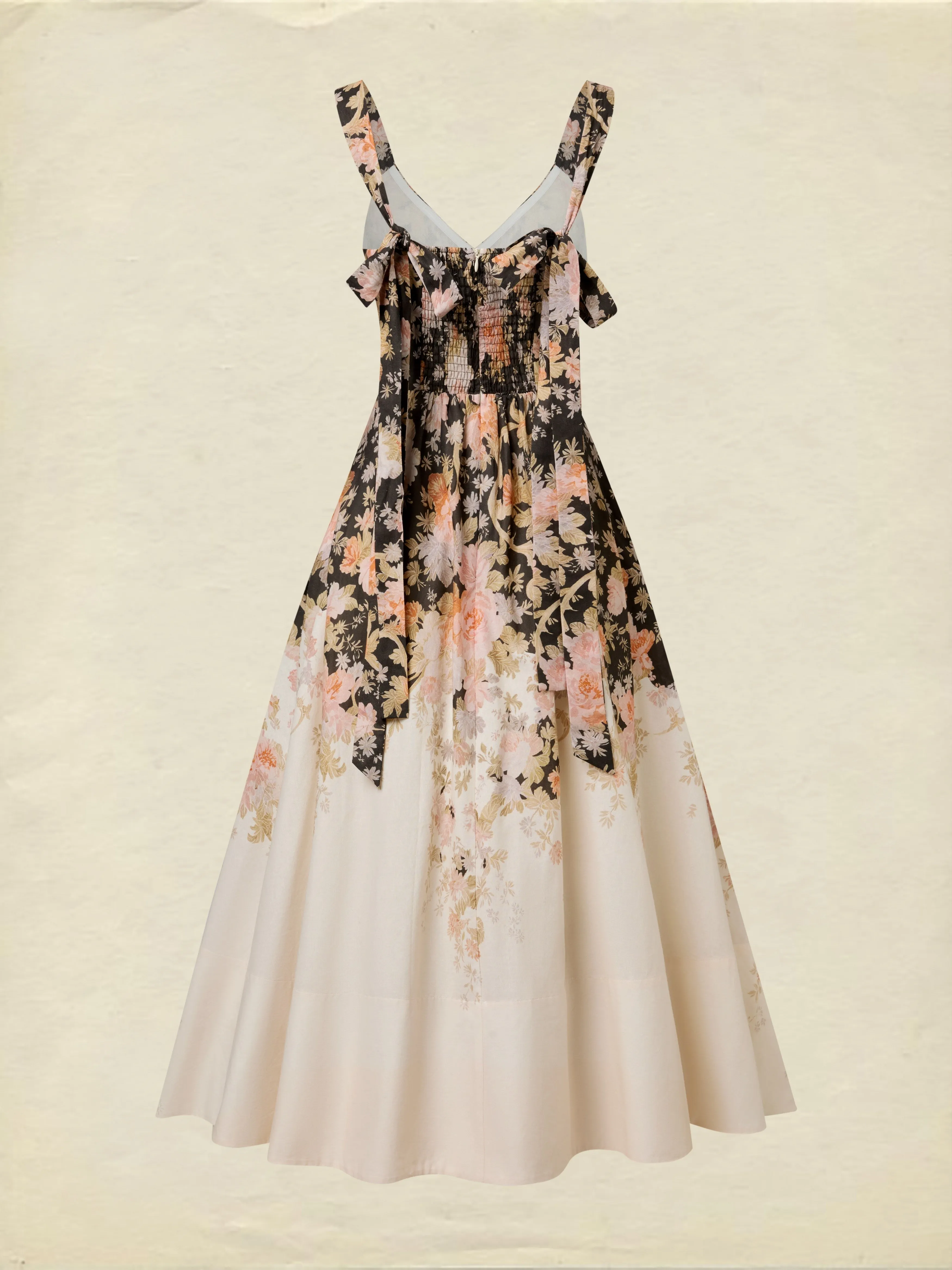 Midi Cotton Dress, Sleeveless, Sweetheart Neck, Floral, Suspenders, Vacation, Vintage, Apricot - Apricot