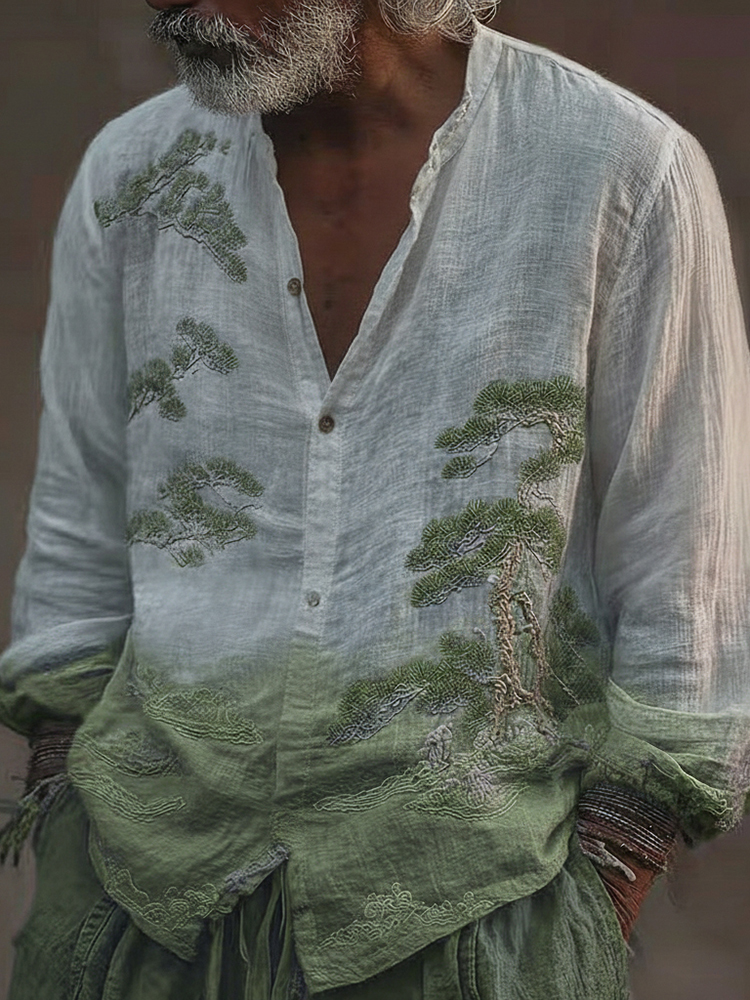 Men's Vintage Pine Tree Art Pattern Linen Blend Shirt - White green