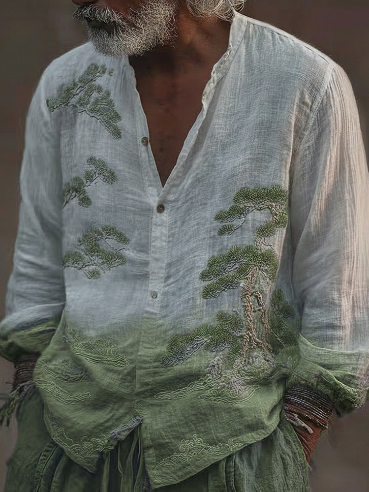 Men's Vintage Pine Tree Art Pattern Linen Blend Shirt - White green