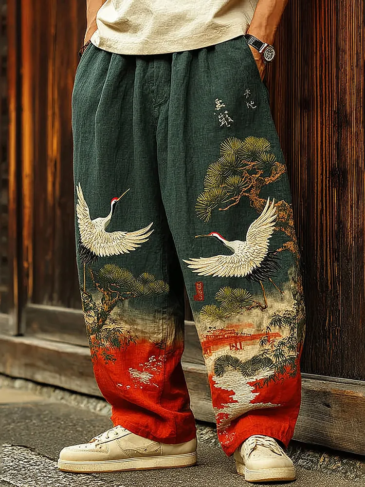 Men's Japanese Songhe Art Embroidery Art Linen Blended Casual Pants - Dark green