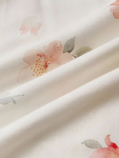 Midi Linen Dress, Short Sleeves, V Neck, Floral, Vintage, White - White