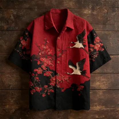 Vintage Japanese Plum & Crane Linen Short Sleeve Shirt - Red