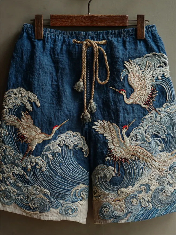 Men's Japanese Cranes Sea Waves Embroidered Linen Shorts - Blue
