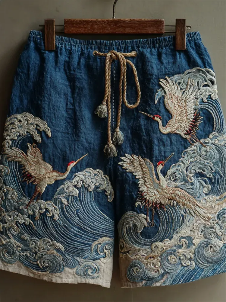 Men's Japanese Cranes Sea Waves Embroidered Linen Shorts - Blue
