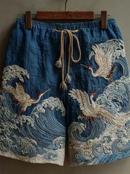 Men's Japanese Cranes Sea Waves Embroidered Linen Shorts - Blue
