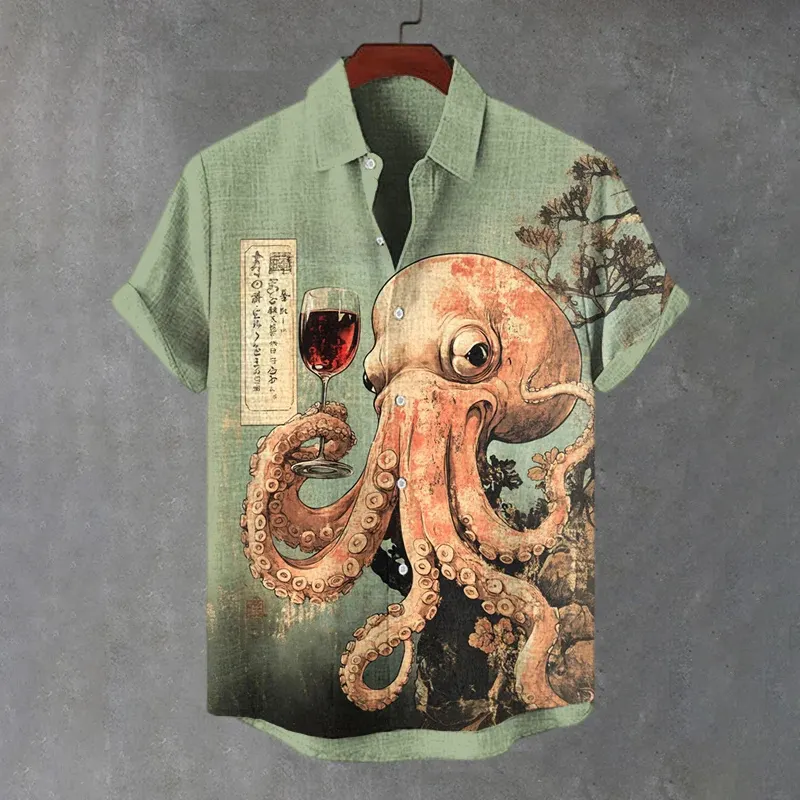 Men's Octopus Drinking Red Wine Fantasy Art Print Casual Shirt - Green