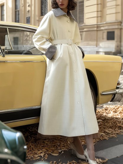 Cotton Trench Coat, Long Sleeves, Shawl Collar, Plain, Button Design, Vintage, Apricot - Apricot