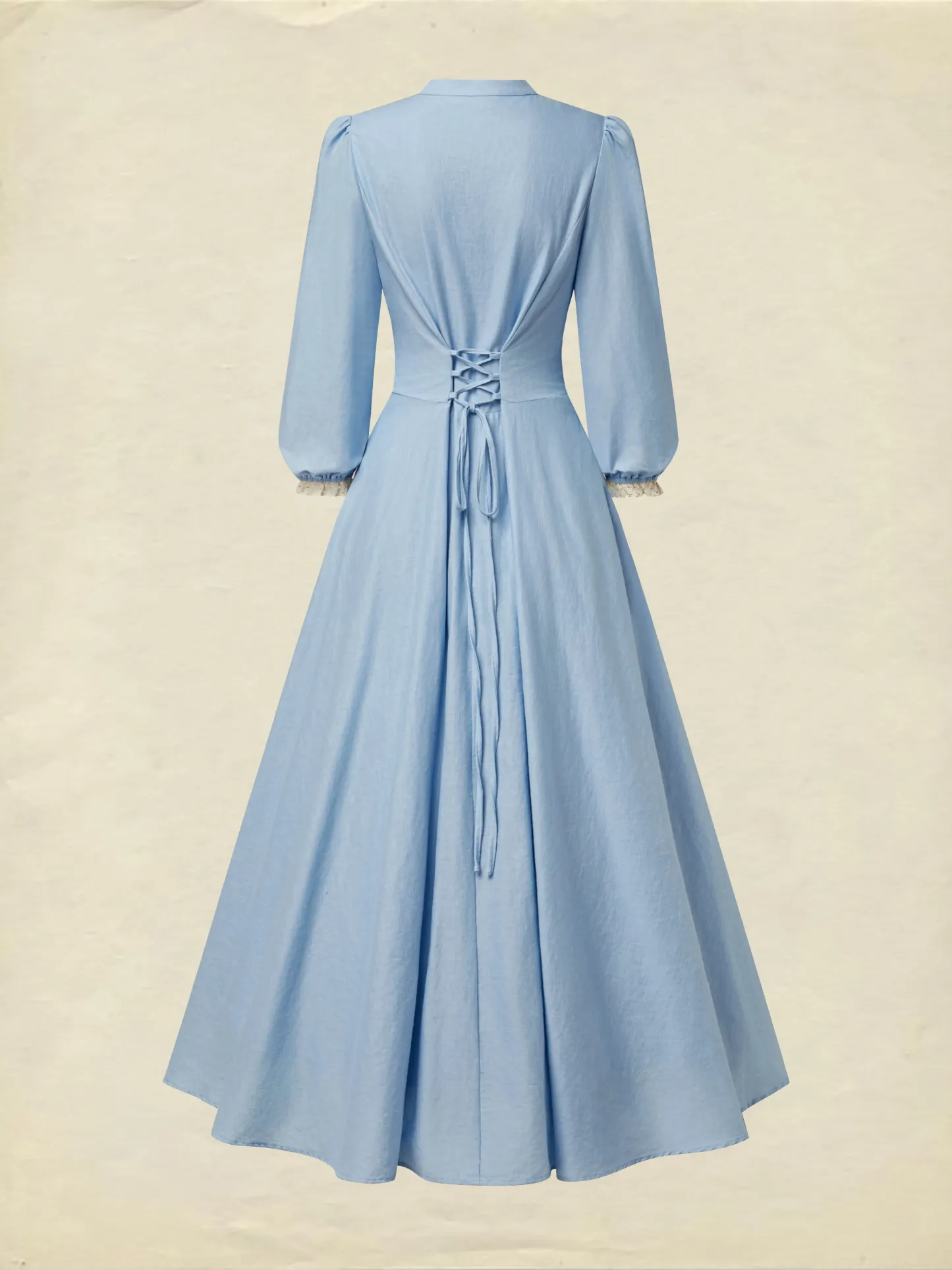 Midi Cotton Dress, Half Sleeve, V Neck, Plain, Lace, Vintage, Blue - Blue