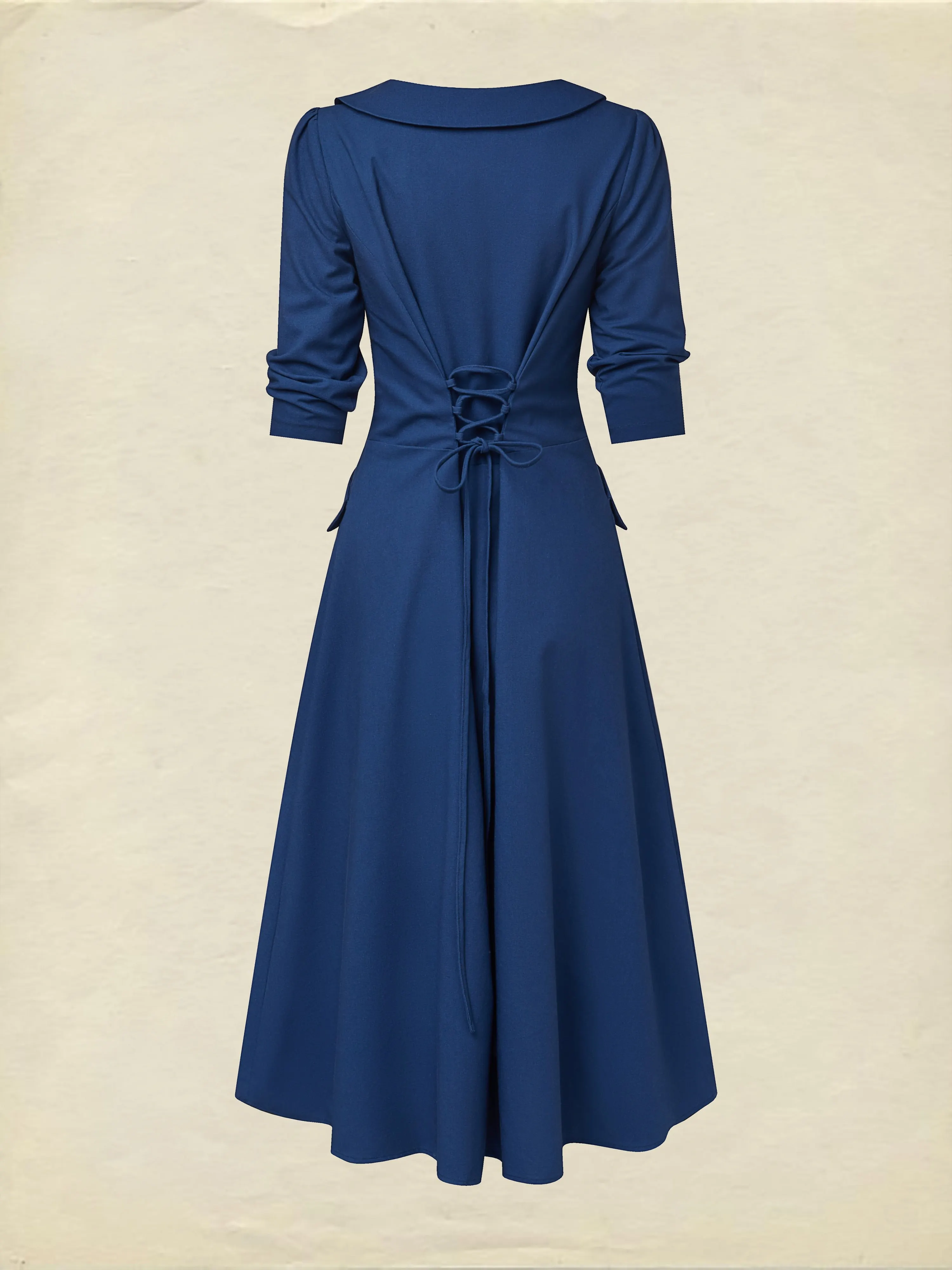 Midi Linen Dress, Half Sleeve, Shawl Collar, Plain, Button Design, Vintage, Dark Blue - Dark_blue