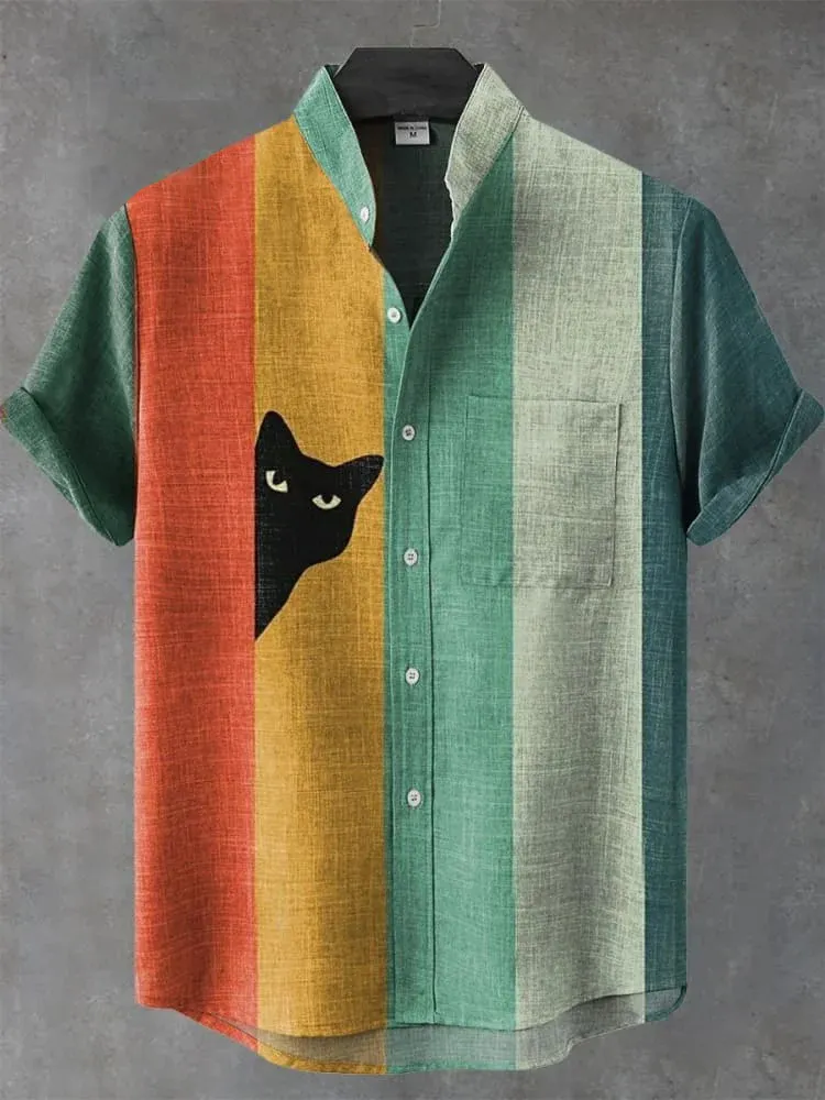 Men's Vintage Black Cat Contrast Stripes Art Short Sleeve Shirt - Lake green