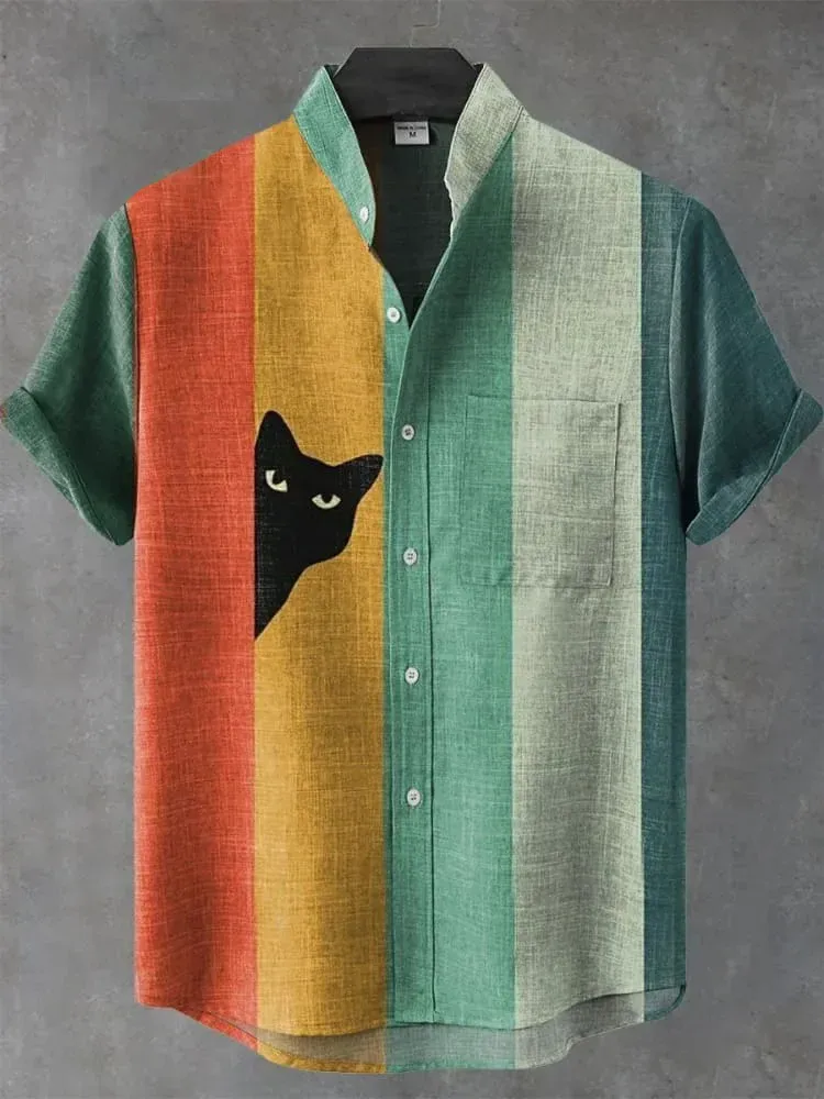 Men's Vintage Black Cat Contrast Stripes Art Short Sleeve Shirt - Lake green