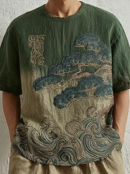Japanese Pine And Ocean Wave Embroidered Crew Neck T-shirt - Green