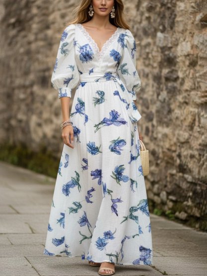 Maxi Linen Dress, Half Sleeve, V Neck, Floral, Lace, Vacation, Vintage, Blue - Blue