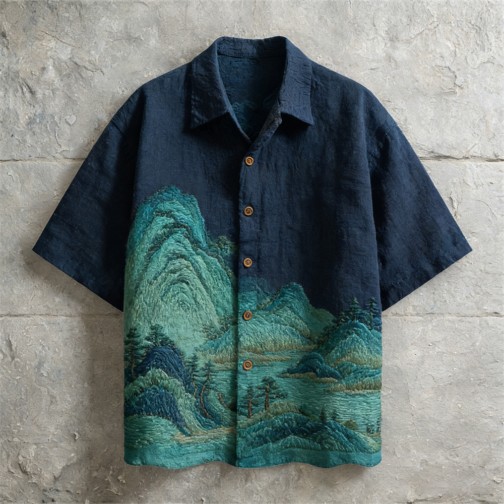 Vintage Japanese Landscape Art Linen Short Sleeve Shirt - Navy blue