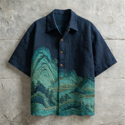 Vintage Japanese Landscape Art Linen Short Sleeve Shirt - Navy blue