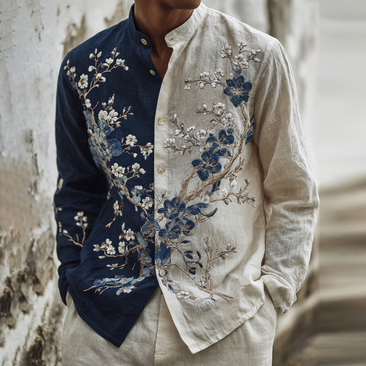 Men's Japanese-style Floral Art Casual Shirt - Blue white