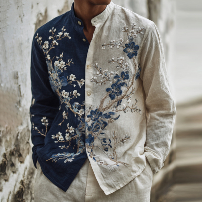 Men's Japanese-style Floral Art Casual Shirt - Blue white