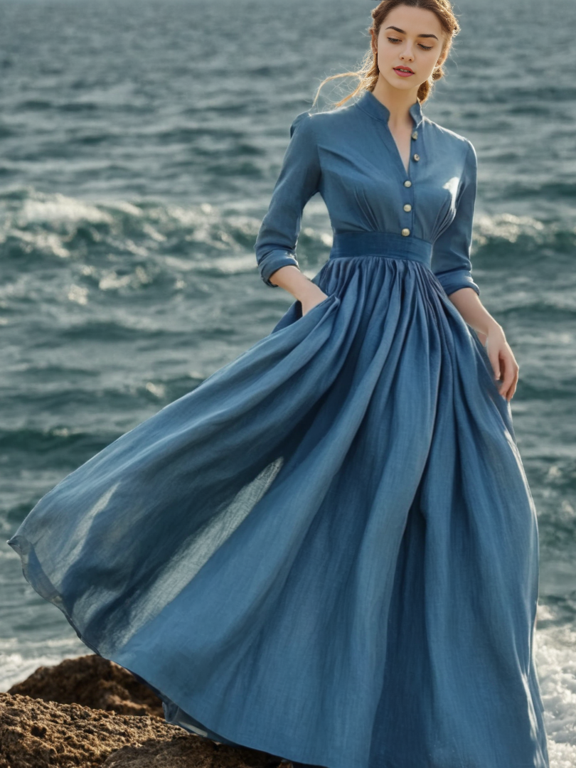 Maxi Linen Dress, Long Sleeve, Stand Collar, Button Down, Cottagecore, Linen Blend, Blue - Blue
