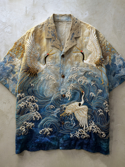 Vintage Japanese Crane Ocean Art Men's Linen Short Sleeve Shirt - Blue