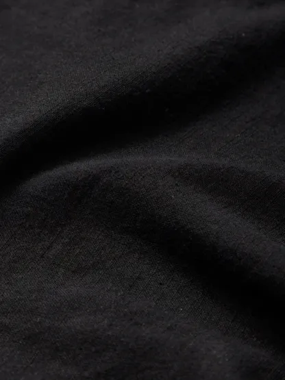 Maxi Linen Dress, Half Sleeve, V Neck, Plain, Button Design, Vintage, Black - Black