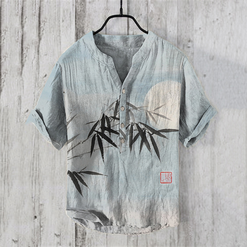 Bamboo & Moon Japanese Art Linen Blend Shirt - Blue