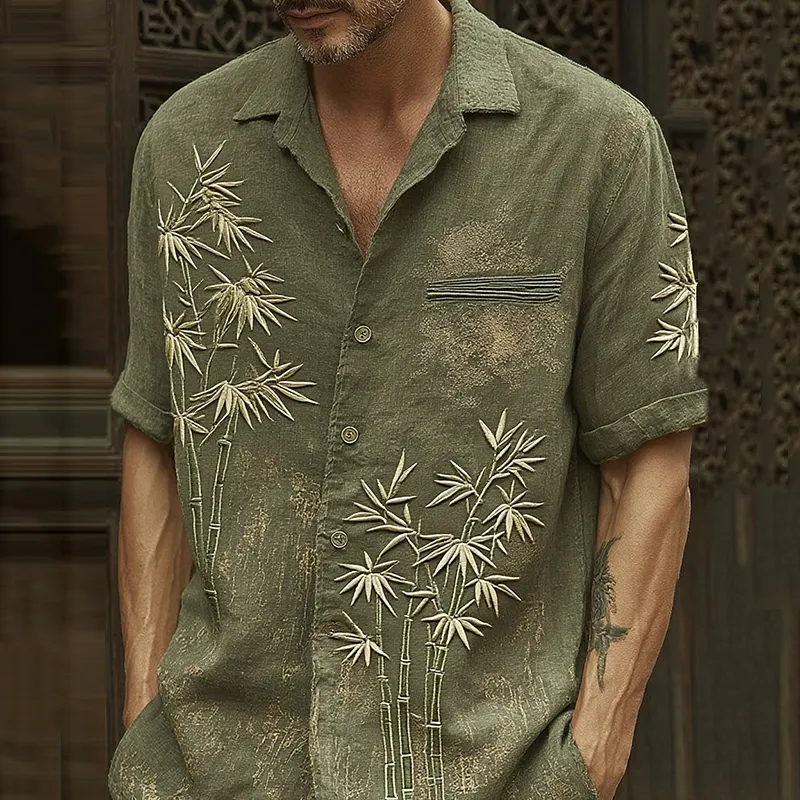 Men's Vintage Bamboo Embroidery Art Short Sleeve Linen Blend Shirt - Blue