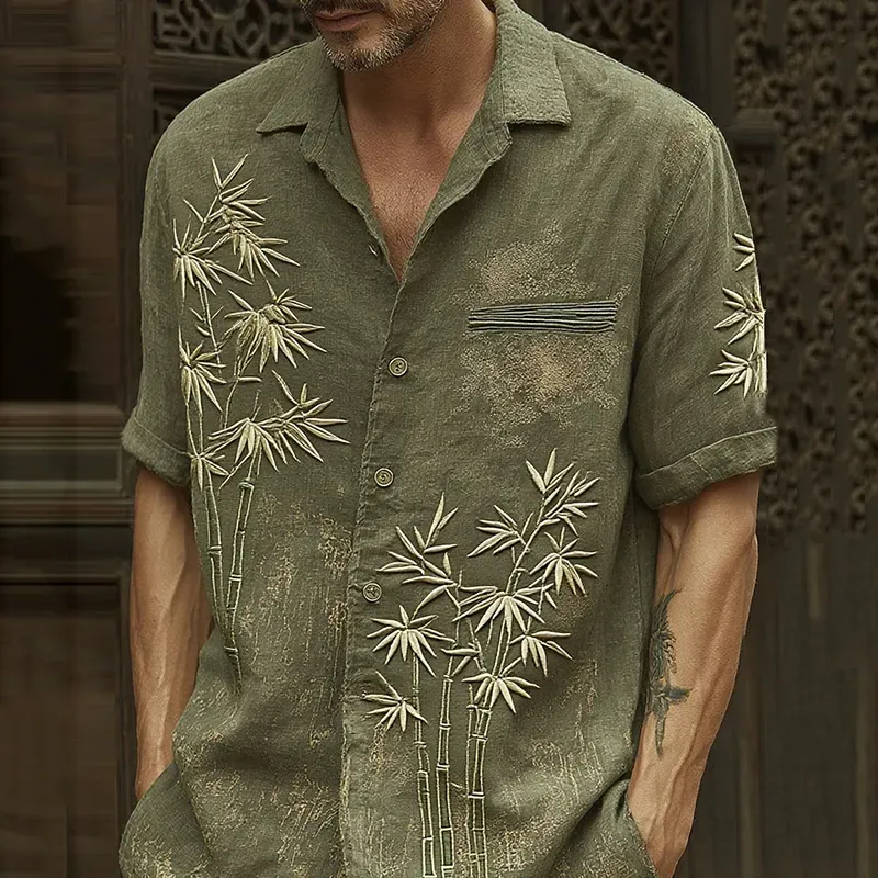 Men's Vintage Bamboo Embroidery Art Short Sleeve Linen Blend Shirt - Blue