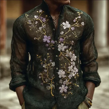 Bohemian Style Purple Flower Mysterious Men's Long-sleeved Shirt - Dark green
