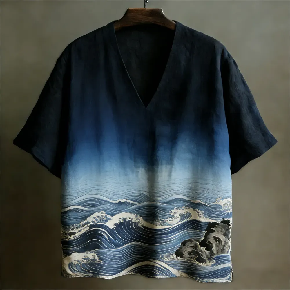 Japanese Ocean Gradient Pattern Linen Short Sleeve V-neck Shirt - Blue
