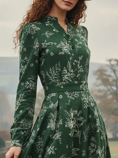 Maxi Linen Dress, Long Sleeves, V Neck, Floral, Button Design, Vintage, Dark Green - Dark Green