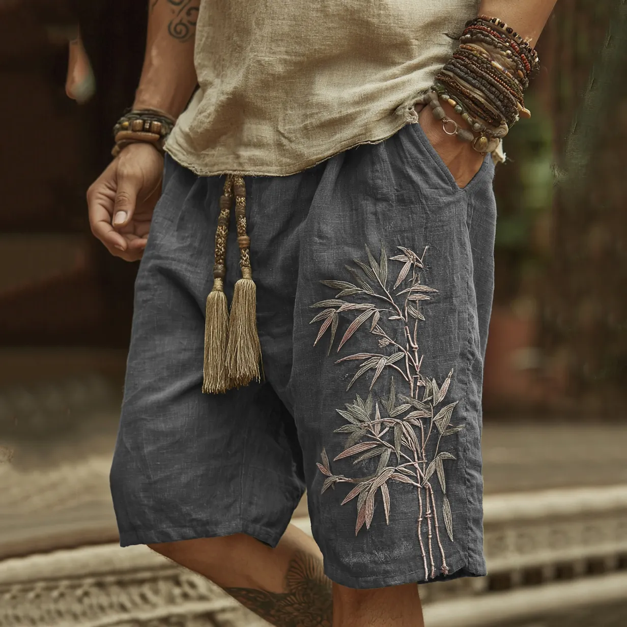 Japanese Bamboo Embroidery Art Linen Blend Casual Shorts - Grey