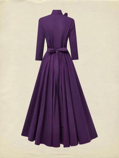 Maxi Cotton Dress, Half Sleeve, Turtleneck, Plain, Button Design, Vintage, Deep Purple, Halloween - Deep Purple