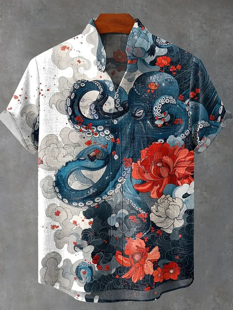Japanese Style Ocean Octopus Flower Cloud Art Vintage Print Casual Cotton Shirt - Blue