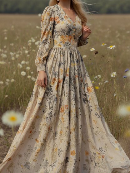 Linen Maxi Dress, Long Sleeves, V Neck, Floral, Apricot,Daily - Light Khaki