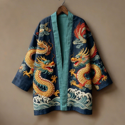 Men's Japanese Dragon And Wave Pattern Yam Kimono - Blue