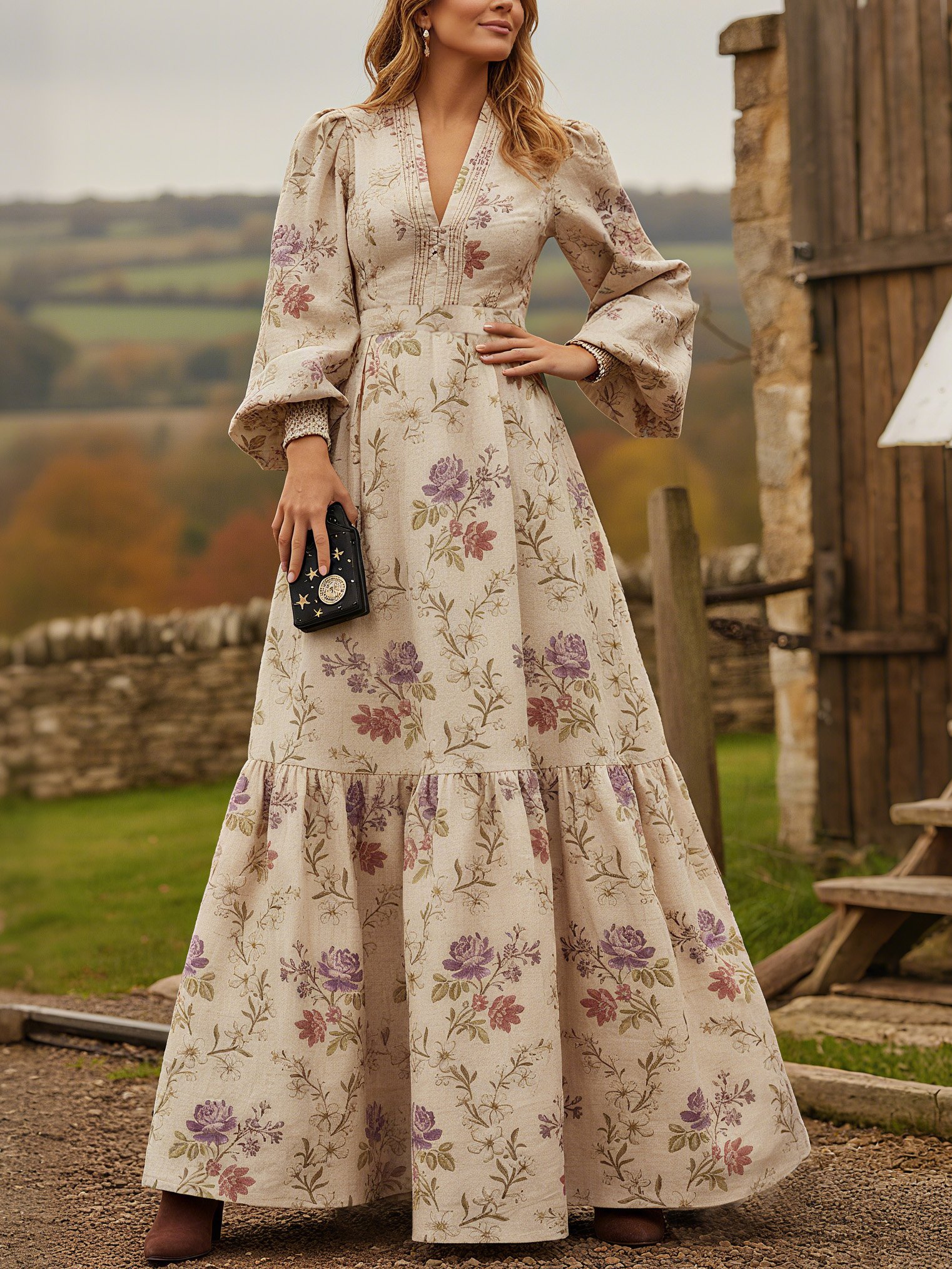 Maxi Linen Dress, Long Sleeves, V Neck, Floral, Vintage, Apricot - Apricot