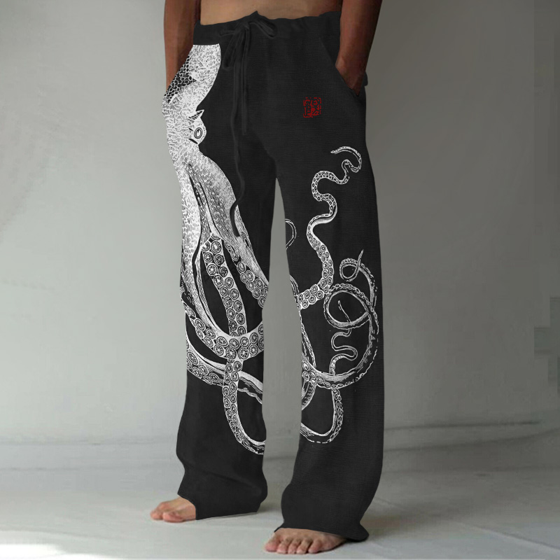 Japanese Art Octopus And Crab Print Casual Linen Blend Pants - Black