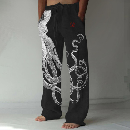 Japanese Art Octopus And Crab Print Casual Linen Blend Pants - Black