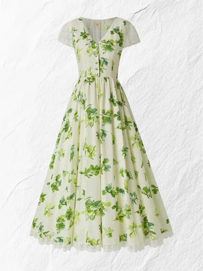 Linen Maxi Dress, Short Sleeve, V neck, Floral, Vintage, Green - Green