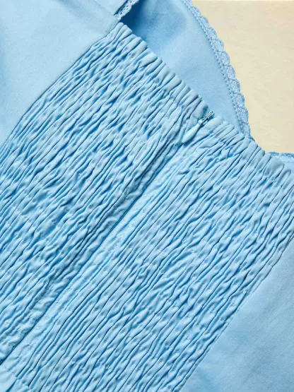 Midi Cotton Dress, Built-in Bra, Sleeveless, Sweetheart Neck, Plain, French Vintage, Blue - Blue