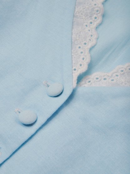 Midi Linen Dress, Short Sleeves, V Collar, Linen Blend, Plain, Renaissance - Blue